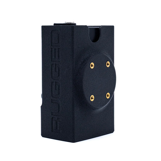 Rear view of Rugged Radios 242 intercom RAM mount case showing four gold threaded RAM mount fixing points