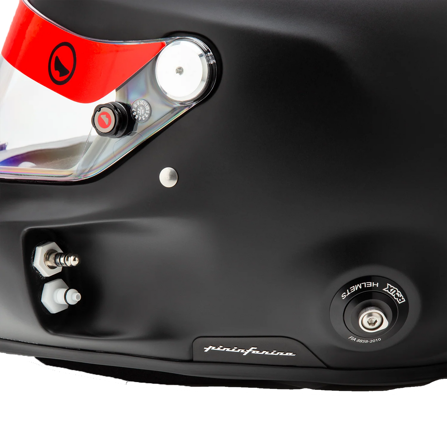 Roux R1-F 2025 SA2025 helmet — close-up detail of comms plug, drink tube port, HANS anchor post and Pininfarina badge