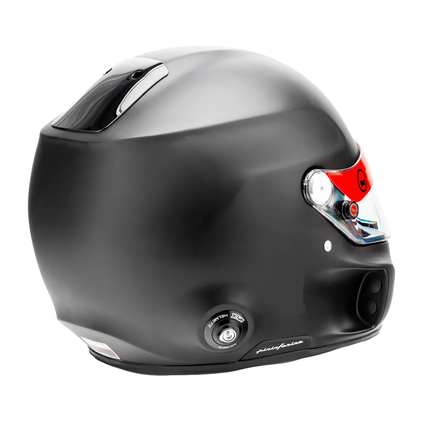 Roux by Pininfarina R1-F 2025 SA2025 helmet — left rear three-quarter view showing HANS anchor post and Pininfarina script