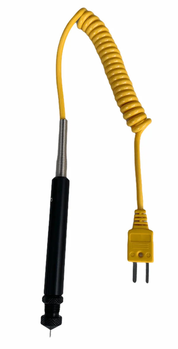 Fastmate Racing RaceSense standard straight tyre temperature probe with adjustable needle depth, yellow coiled cable and two-pin connector