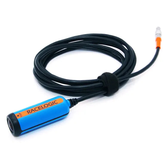 Racelogic sensor with black cable on a white background