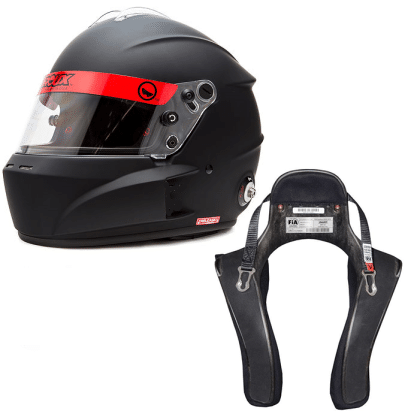 Roux R1-N 2025 SA2025 no-comms helmet and Stand 21 HANS device combo — side view on white background