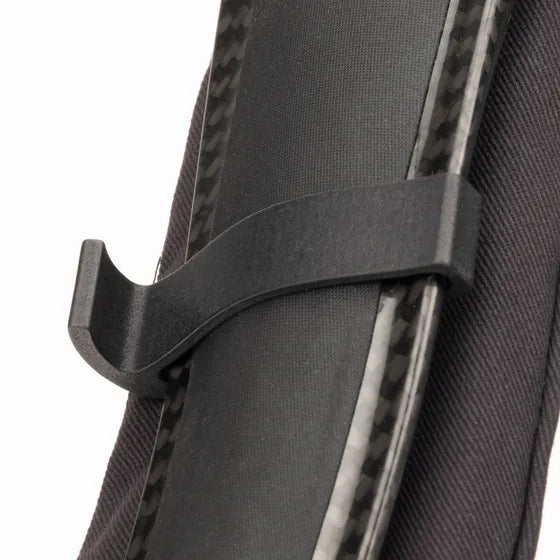 Close-up of a black bow with a sight on a white background