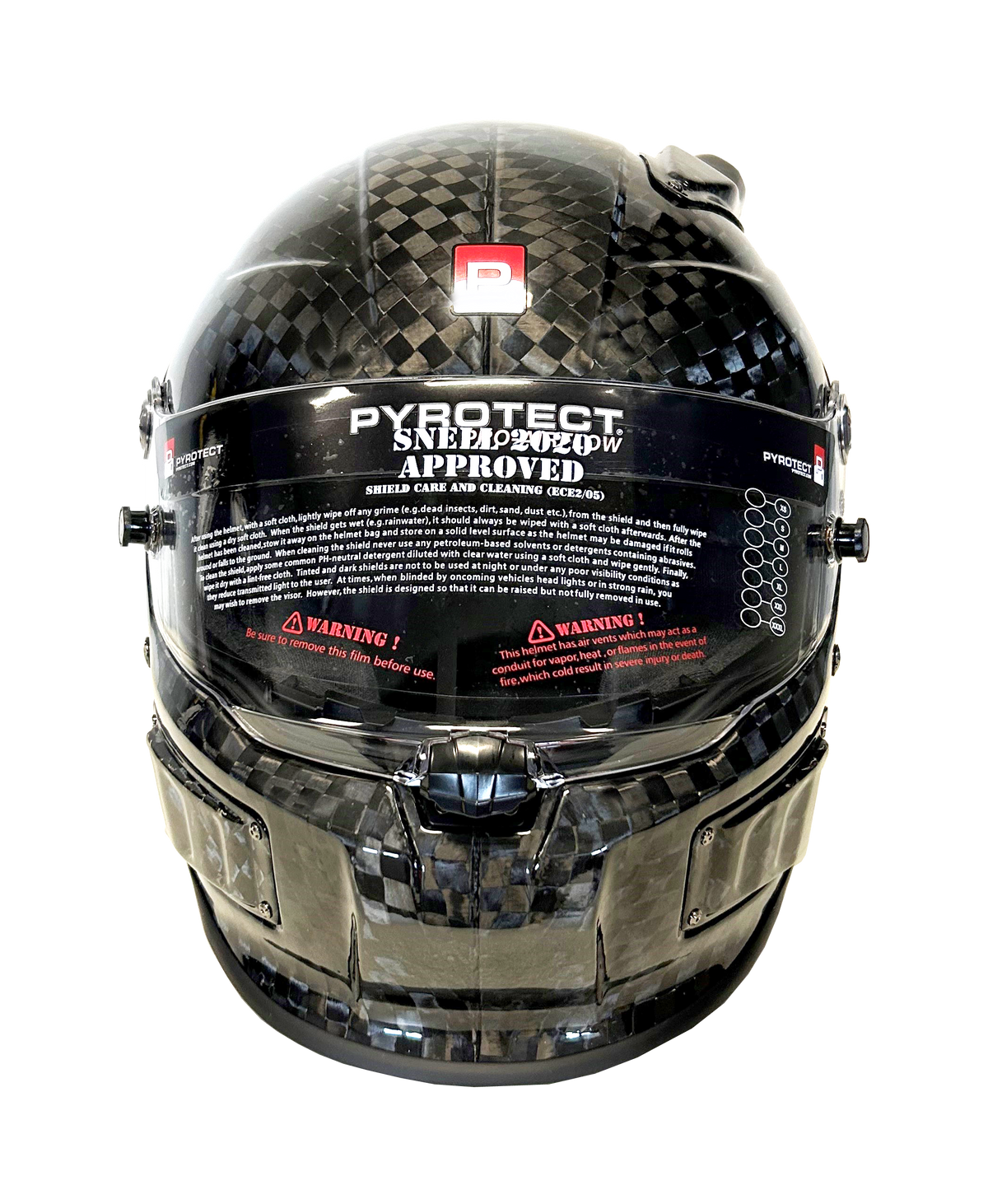 Pyrotect Pro Air Tri-Flow DB Helmet, SA2025, 12K carbon fibre, front view showing visor and size guide sticker