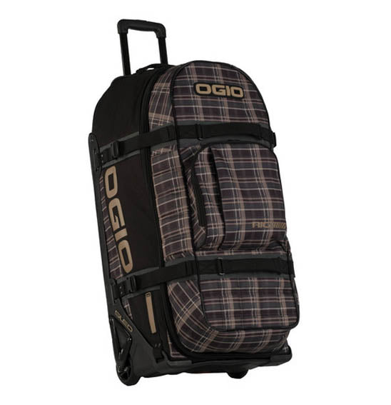 Plaid-patterned rolling duffel bag with OGIO branding on a white background