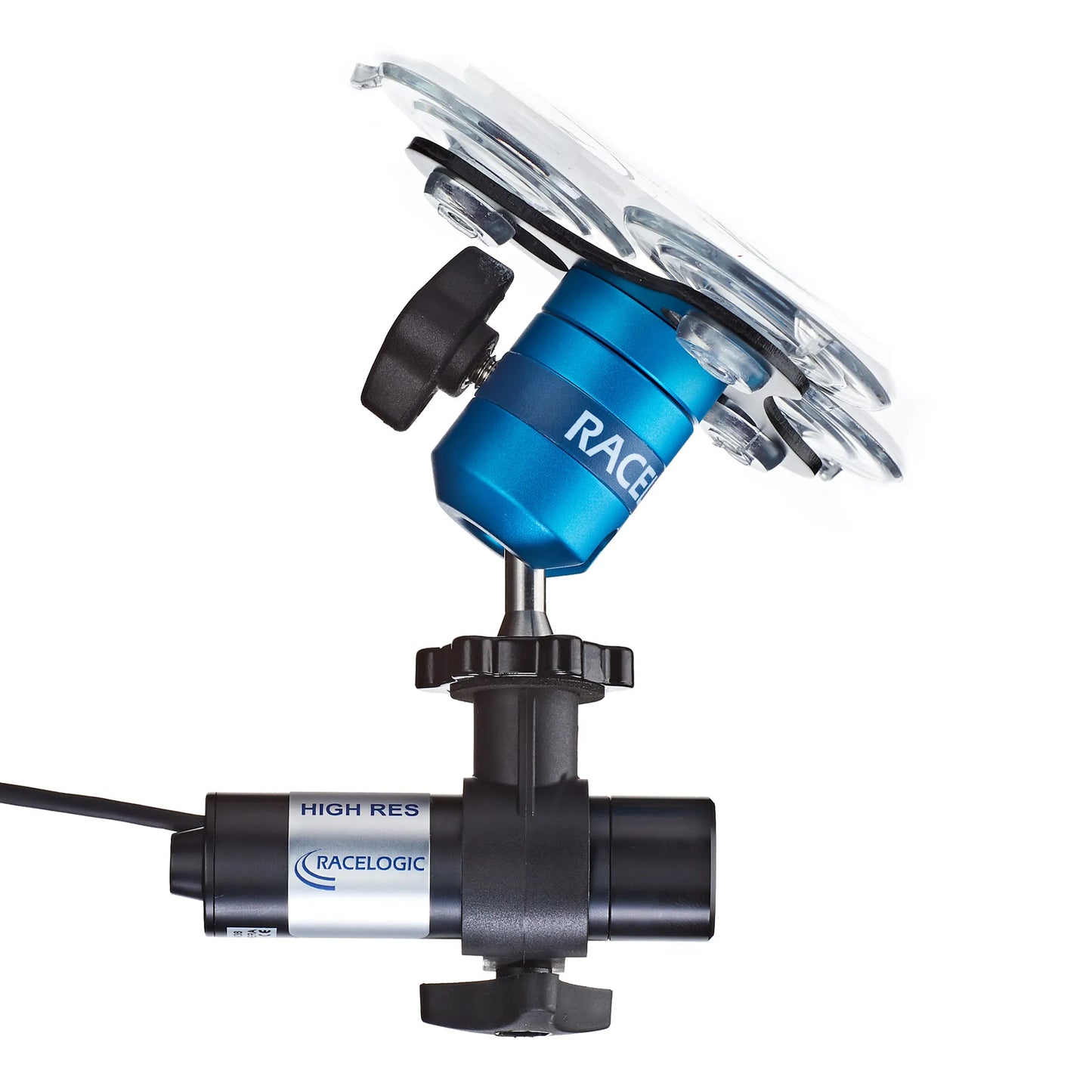 Racelogic VBOX forward facing camera ring clamp — installed with VBOX camera, blue clamp view