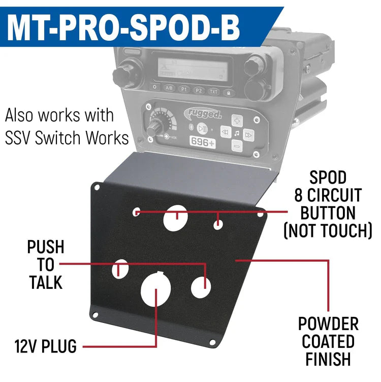 SPOD Switch Panel: Add a location for an 8 circuit Switch Panel SPOD along with a slot to relocate the factory 12-Volt plug and add 2 Hole Mount PTTs. Also works the SSV Switch Works unit.