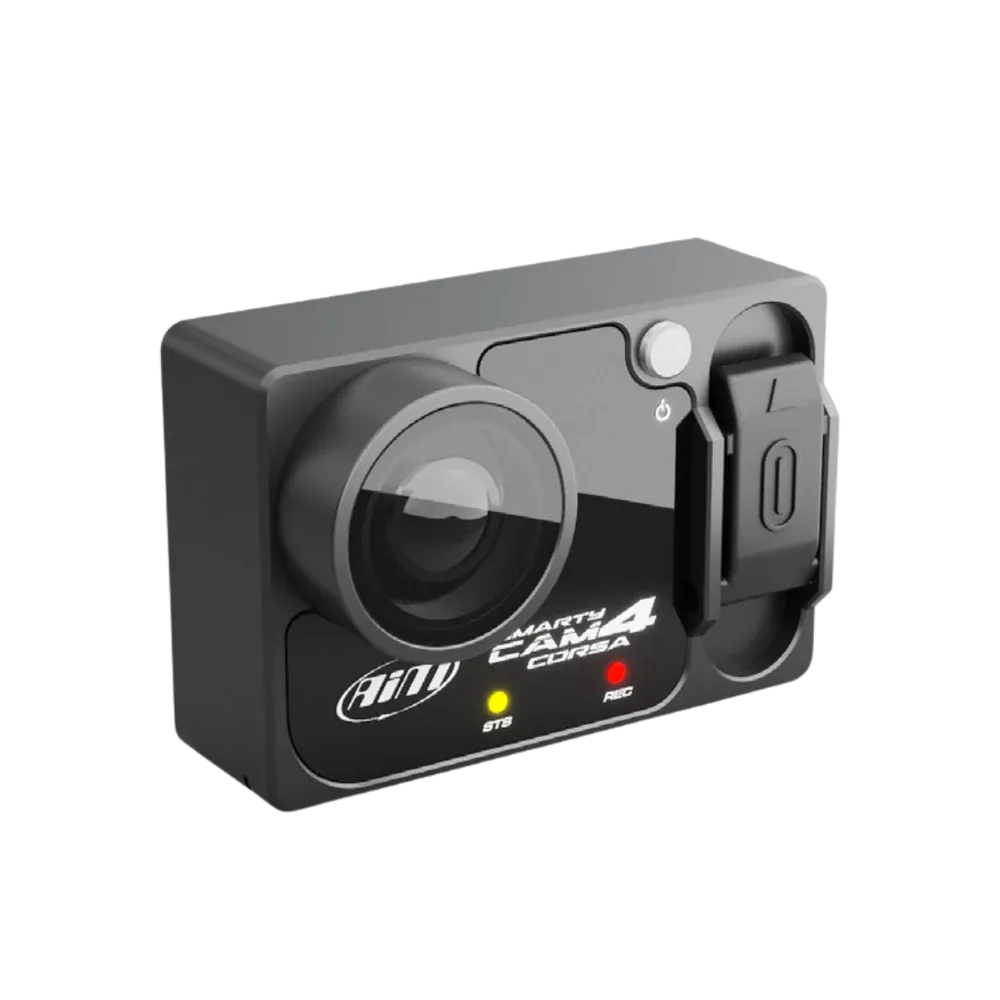 Black action camera with visible brand logo on a white background