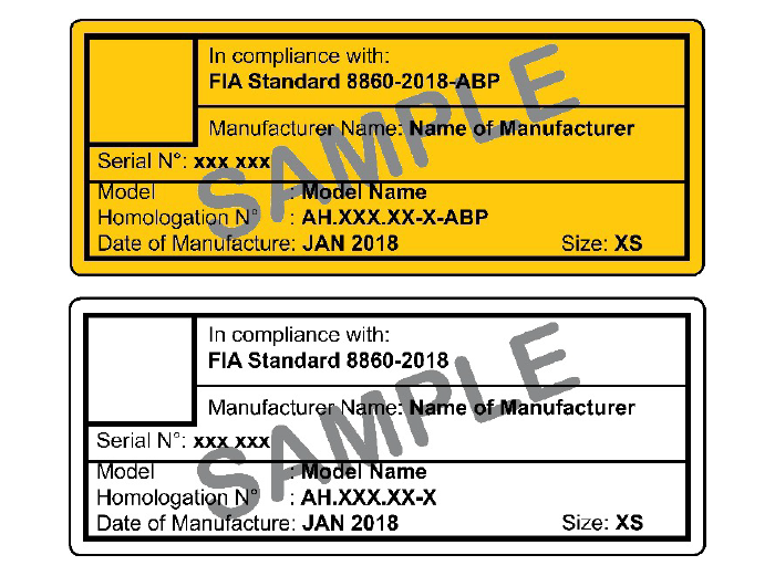 FIA motorsport helmet safety certification label - FIA 8859 8860 Snell SA standards explained - Harris Race Radios NZ AU