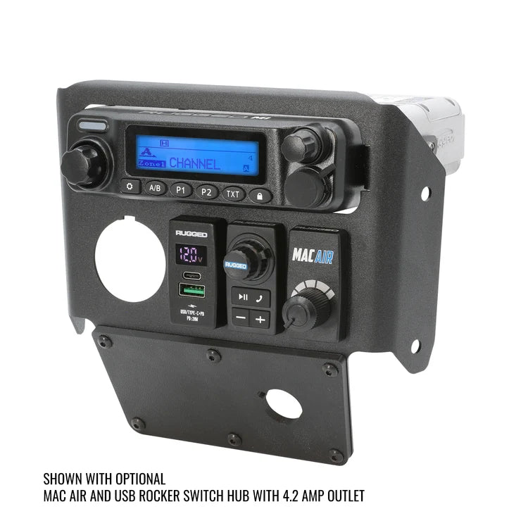 Rugged Radios communication kit mounted in 2026 Can-Am Maverick X3 touchscreen console