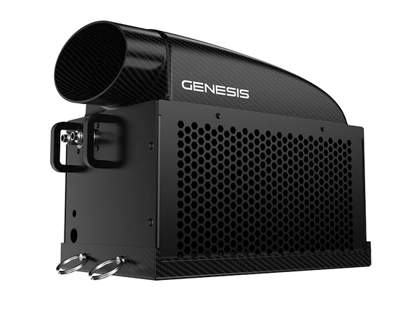 Black Genesis device with a hexagonal pattern on a white background