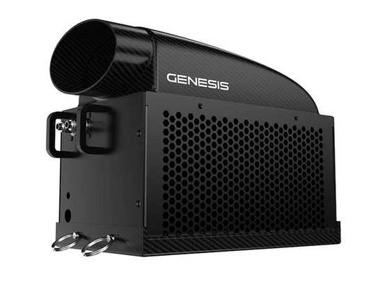 Black Genesis device with a hexagonal pattern on a white background