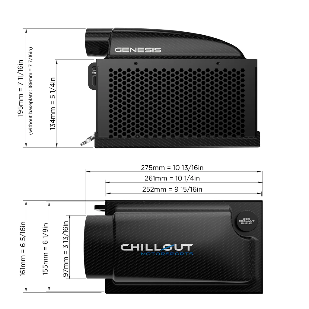 Dimensions of a car air intake system with Genesis and Chillout Motorsports branding.
