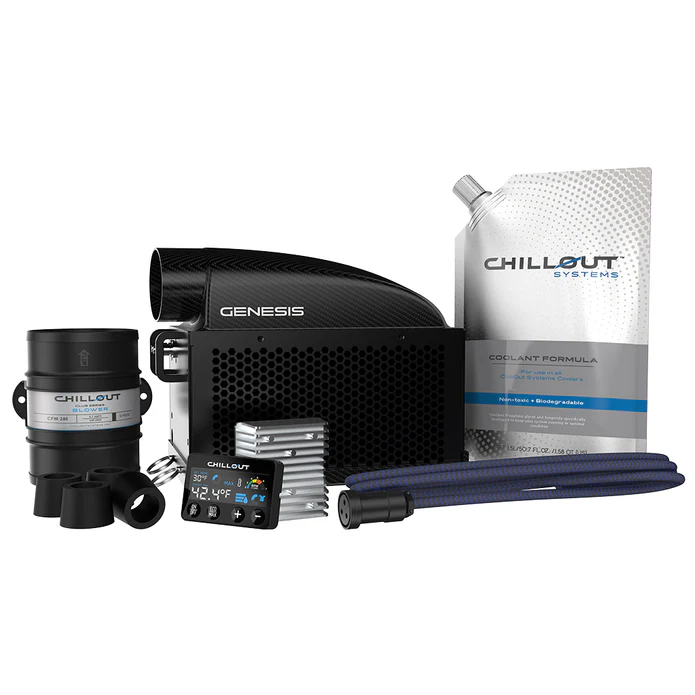 Collection of Genesis and Chillout Systems automotive cooling products on a white background