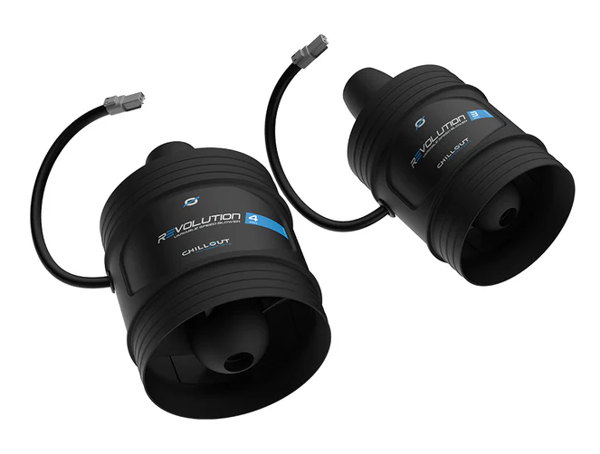 Two black cylindrical devices with 'Revolution Chillout' branding on a white background