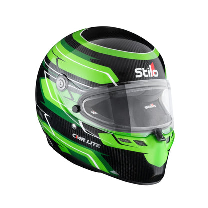 Stilo ST6 CMR Lite Carbon Kart Helmet in Green Carbon Graphics — 3/4 front view showing green and black carbon fibre livery