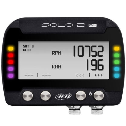 AiM Solo 2 DL motorsport data logger — angle view showing display and controls | Harris Race Radios