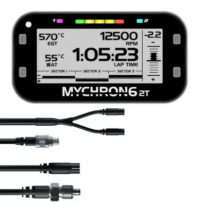 AiM MyChron 6 2T with M5 water temp sensor and black/yellow patch lead