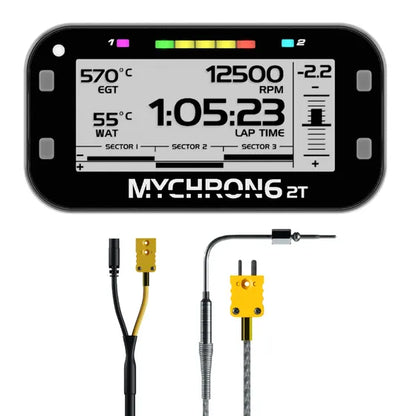 MYCHRON6 2T digital display with wiring harnesses on a white background
