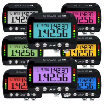 AiM Solo 2 DL display showing lap time and predictive timing — 7 backlight colours | Harris Race Radios