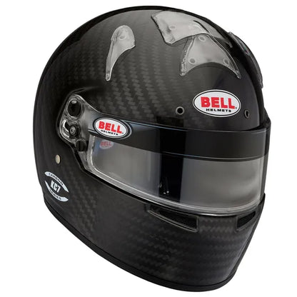 Black carbon fiber karting carbon fiber helmet with clear visor and Bell logo on a white background 