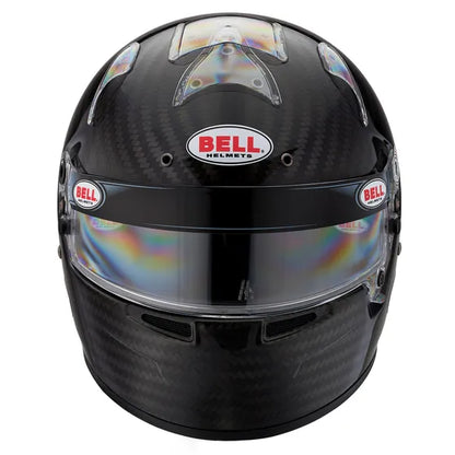 Black racing helmet with rainbow visor and Bell Helmets logo on a white background