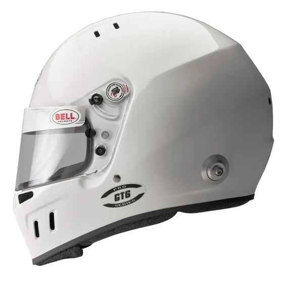 Bell gt6 White racing helmet with clear visor on a white backgroundl