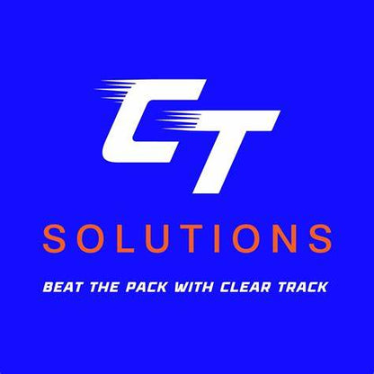 Clear Track Solutions white CT logo and orange Solutions lettering on a blue background