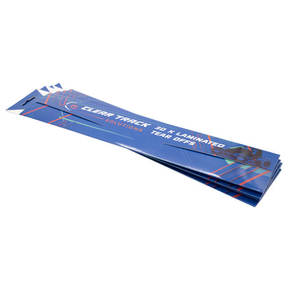A pack of Clear Track premium laminated tear-off system for racing helmets, with blue and red design elements.