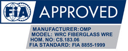 FIA-approved label with OMP branding on a white background