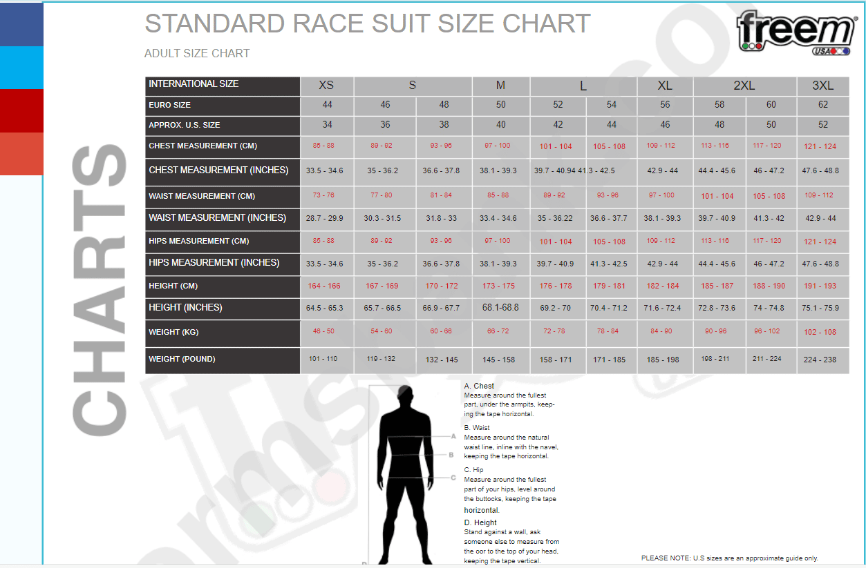 Freem Racewear sizing chart