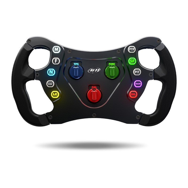 Black gaming steering wheel with colorful buttons on a white background