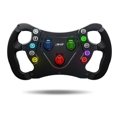 Black gaming steering wheel with colorful buttons on a white background