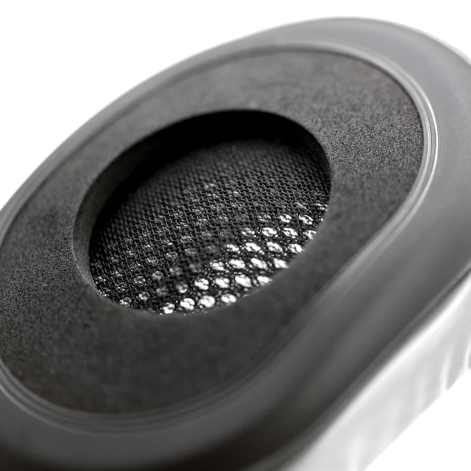Close-up of Rugged Radios gel ear cup speaker mesh and foam padding