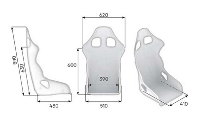 Technical drawing of a car seat with dimensions labeled