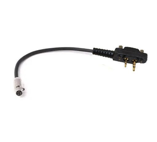 Icom two-pin screw-on radio connector with securing screws on a black fly lead to MinI XLR plug