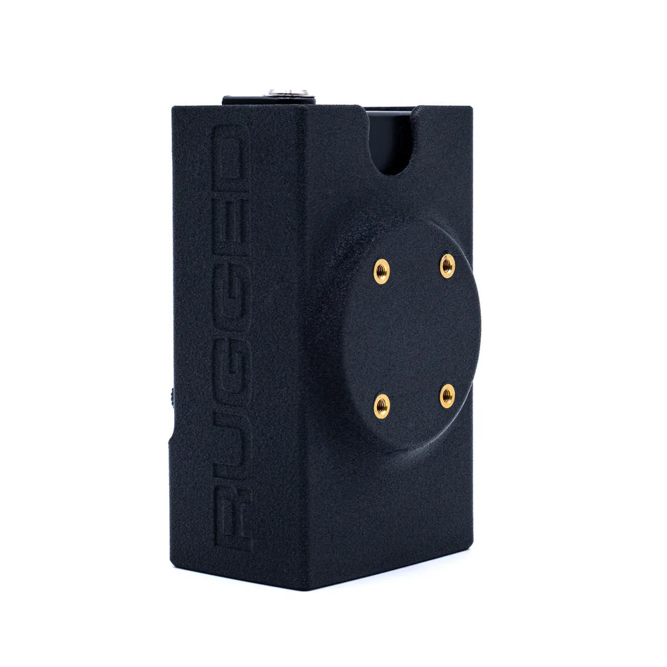Rear view of Rugged Radios 242 intercom RAM mount case showing four gold threaded RAM mount fixing points