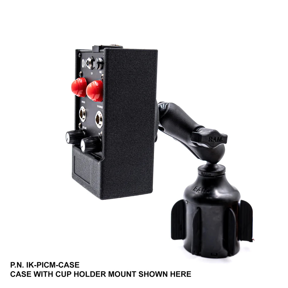 Rugged Radios 242 intercom in RAM mount case on cup holder arm — complete 242 case kit IK-PICM-CASE shown