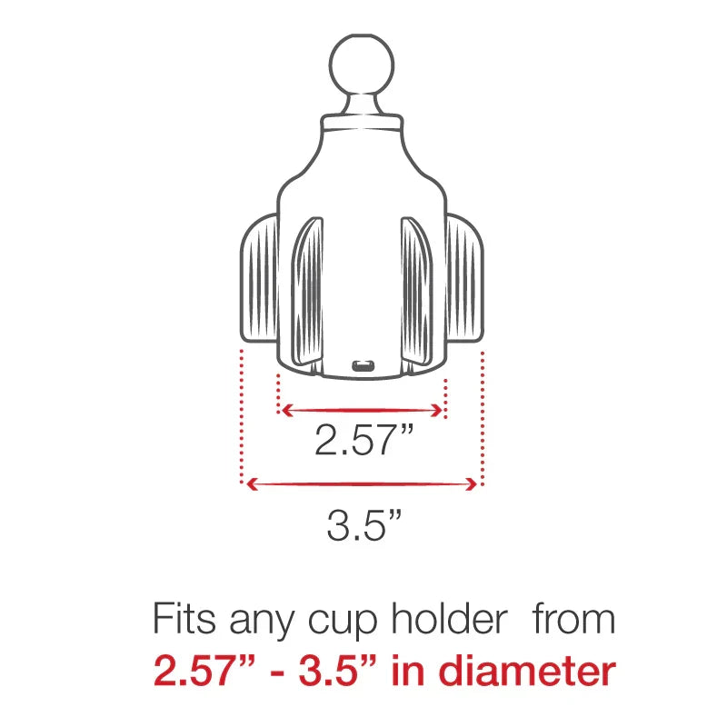 RAM Stubby cup holder base dimensions diagram — fits cup holders 2.57 to 3.5 inches in diameter
