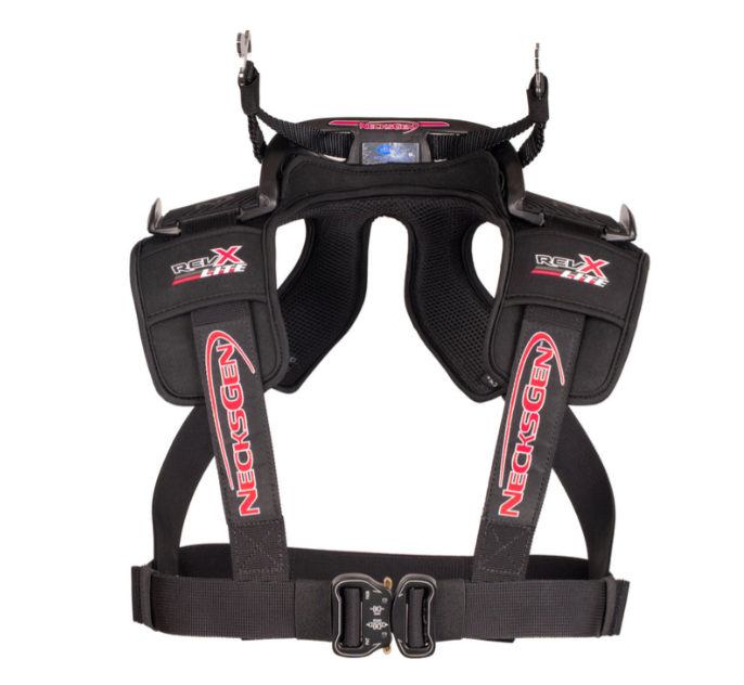 NecksGen REVX Lite labelled product diagram showing the carbon-composite chassis, breathable mesh padding, chest straps, belt channels and quick-release buckle.