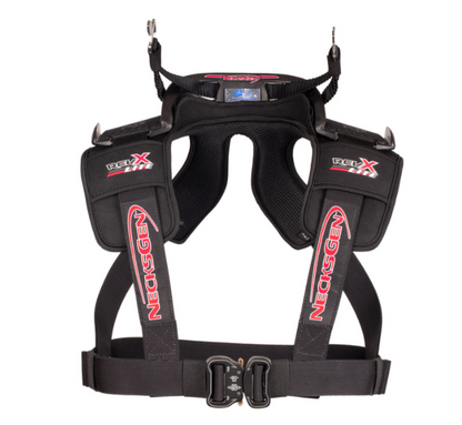 NecksGen REVX Lite labelled product diagram showing the carbon-composite chassis, breathable mesh padding, chest straps, belt channels and quick-release buckle.