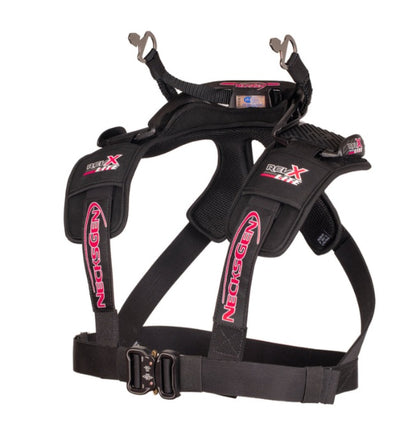NecksGen REVX Lite harness information covering 3-point belt testing and the recommendation to use at least a 5-point racing harness.