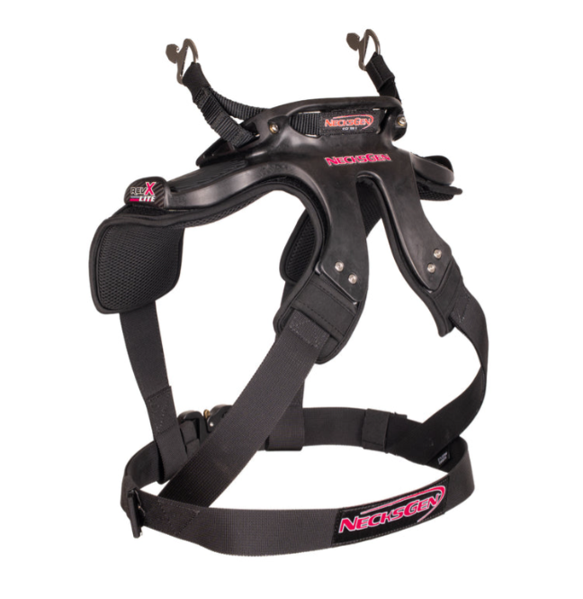 NecksGen REVX Lite product information showing carbon-fibre construction, adjustable straps and 2- or 3-inch belt compatibility.