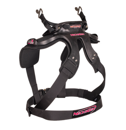 NecksGen REVX Lite product information showing carbon-fibre construction, adjustable straps and 2- or 3-inch belt compatibility.