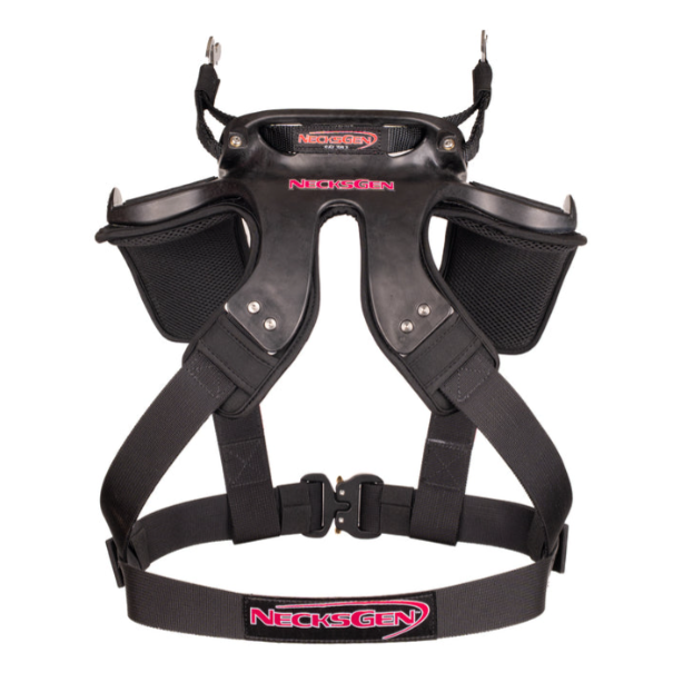NecksGen REVX Lite head and neck restraint showing the adjustable tether and quick-release helmet hardware.