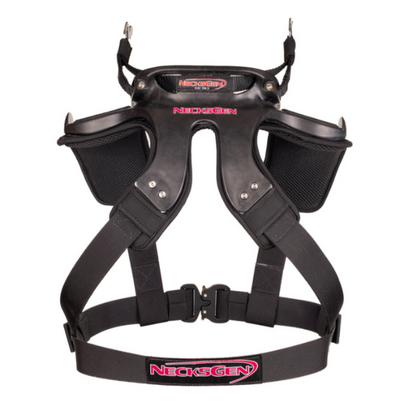 NecksGen REVX Lite head and neck restraint showing the adjustable tether and quick-release helmet hardware.