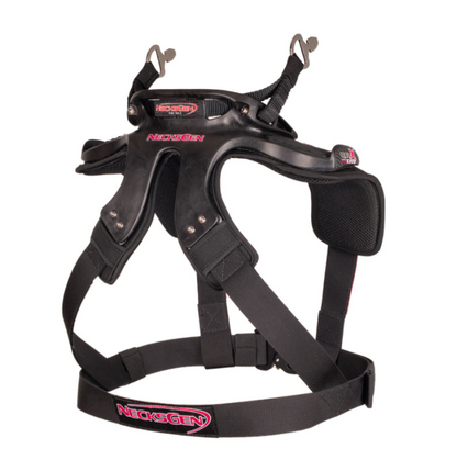 NecksGen REVX Lite head and neck restraint showing the adjustable chest straps and front tactical buckle.