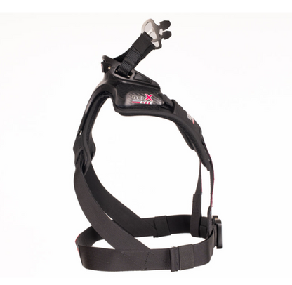 NecksGen REVX Lite head and neck restraint showing the low-profile chassis and adjustable X-strap layout.
