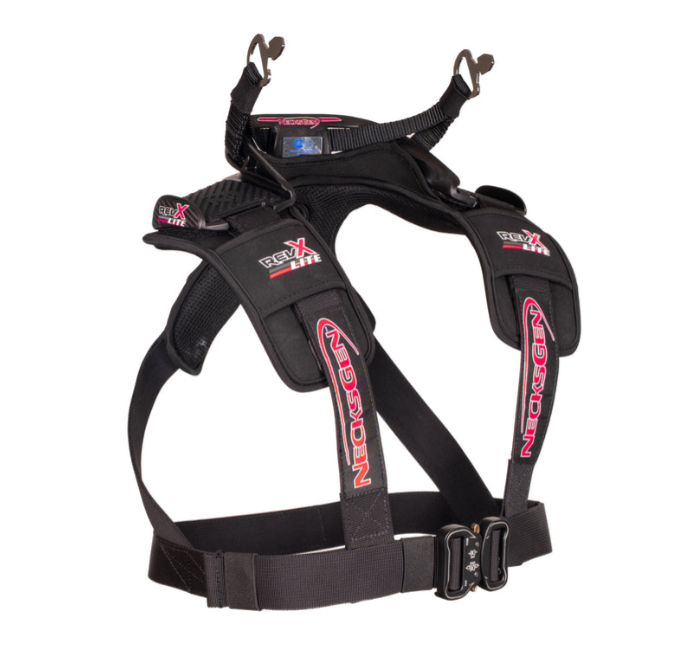 NecksGen REVX Lite carbon-fibre composite head and neck restraint, front product view.