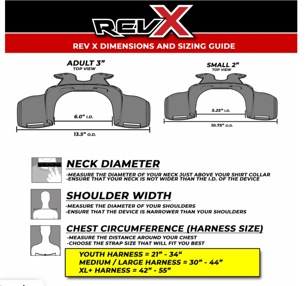 NecksGen REVX Lite annotated product diagram showing the adjustable tether, low-profile rear section, carbon-composite chassis, belt channels and quick-release buckle.